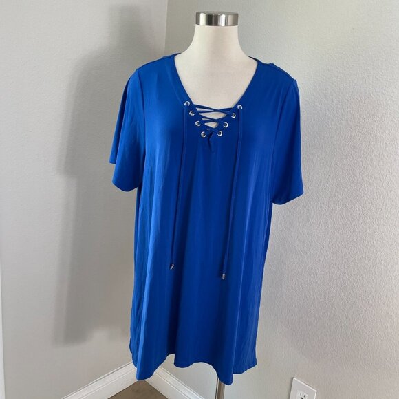 Calvin Klein Womens Plus 1X Lace Up Front Tunic Top Short Sleeve Stretch Shirt - Picture 1 of 10